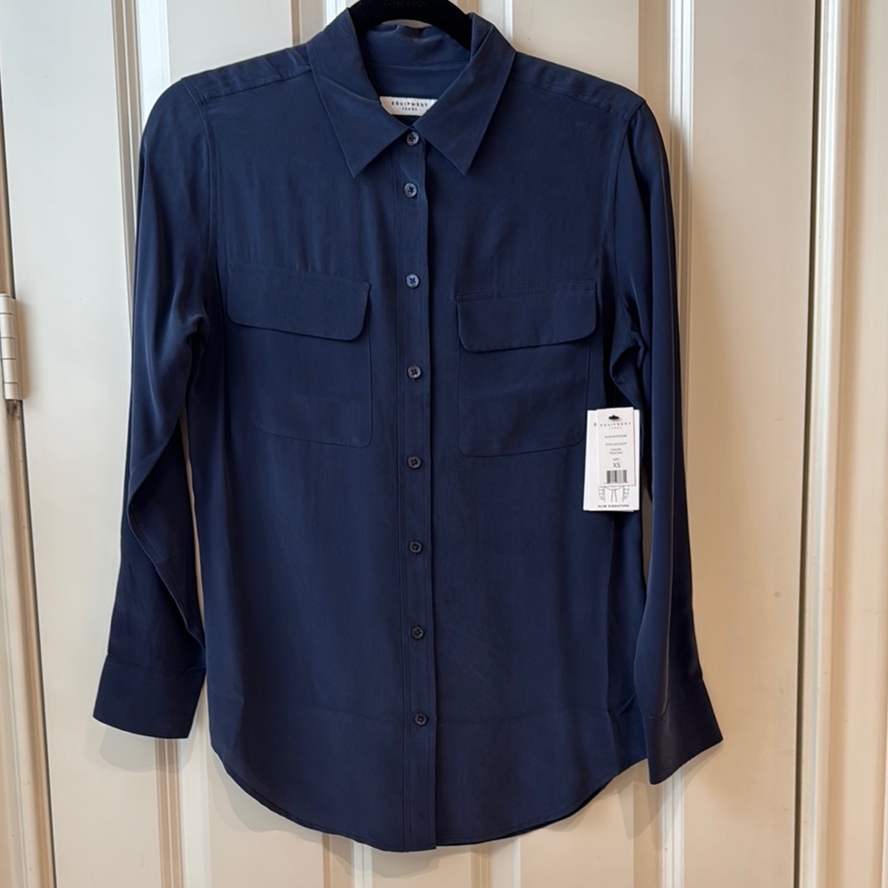 Equipment Navy Blue Fitted Buttoned Blouse